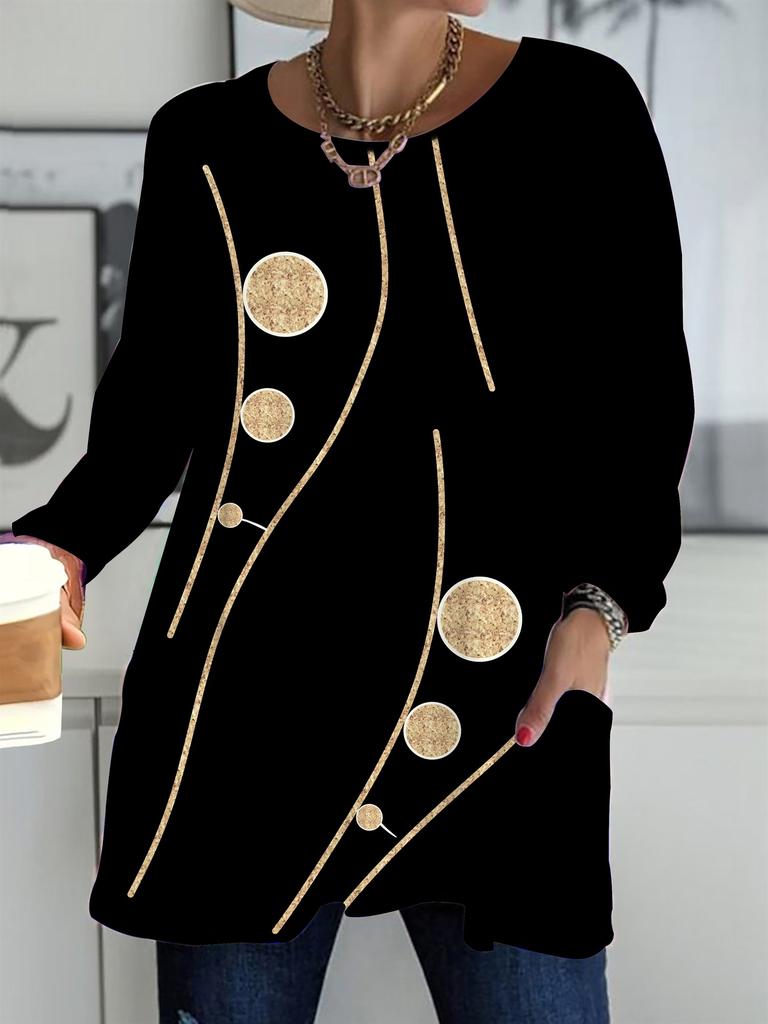 2025 Autumn Winter New Plus Size Women's Tops, Simple 3D Print Fashion Crew Neck Long Sleeve T-Shirts