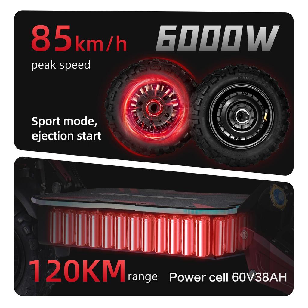 Boyueda Электросамокат S5 с двумя двигателями, 6000 Вт, 60 В 38 Ач, запас хода 120 км, скорость 85 км/ч, управление через приложение, разблокировка NFC, 11-дюймовые внедорожные шины, складной электросамокат