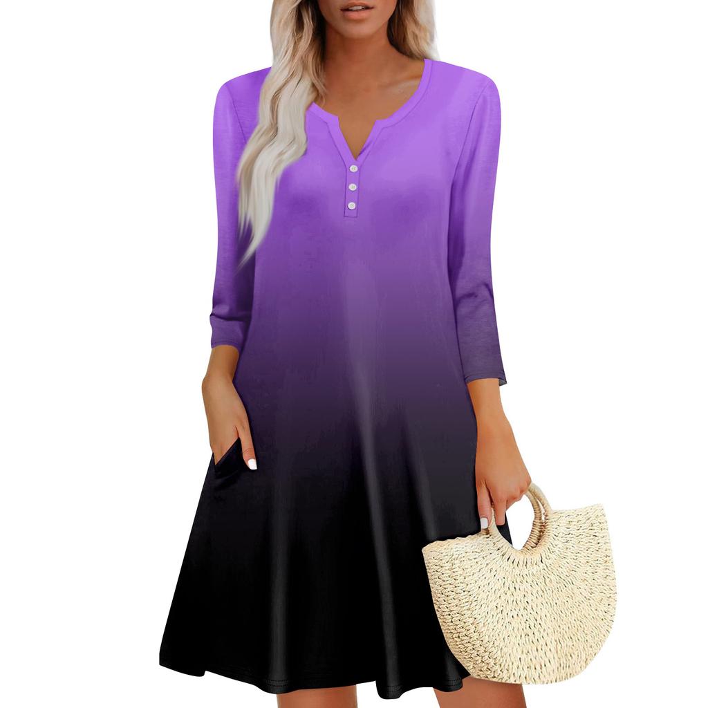 Women's Summer Casual V-neck Gradient Printed Button Up Dress with Pockets