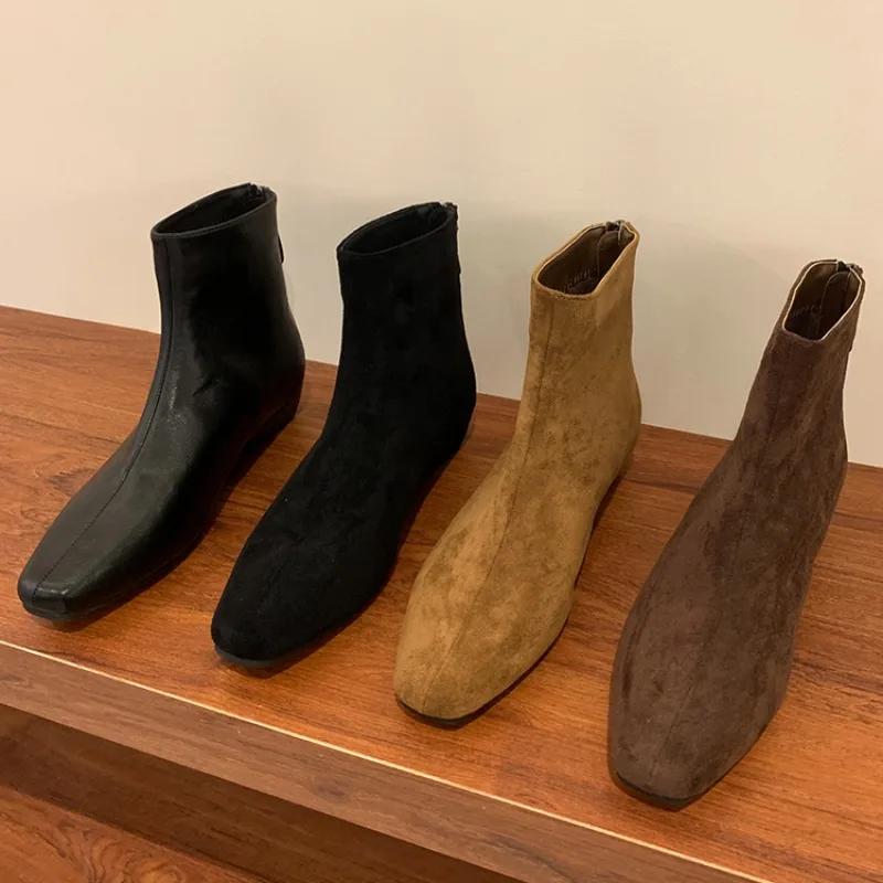 Женские ботильоны из замши, теплые, с квадратным носком, кожаные, зимние, брендовые, плюшевые, хлопковые, трендовые, на низком каблуке, челси, модные, удобные, Botas Mujer