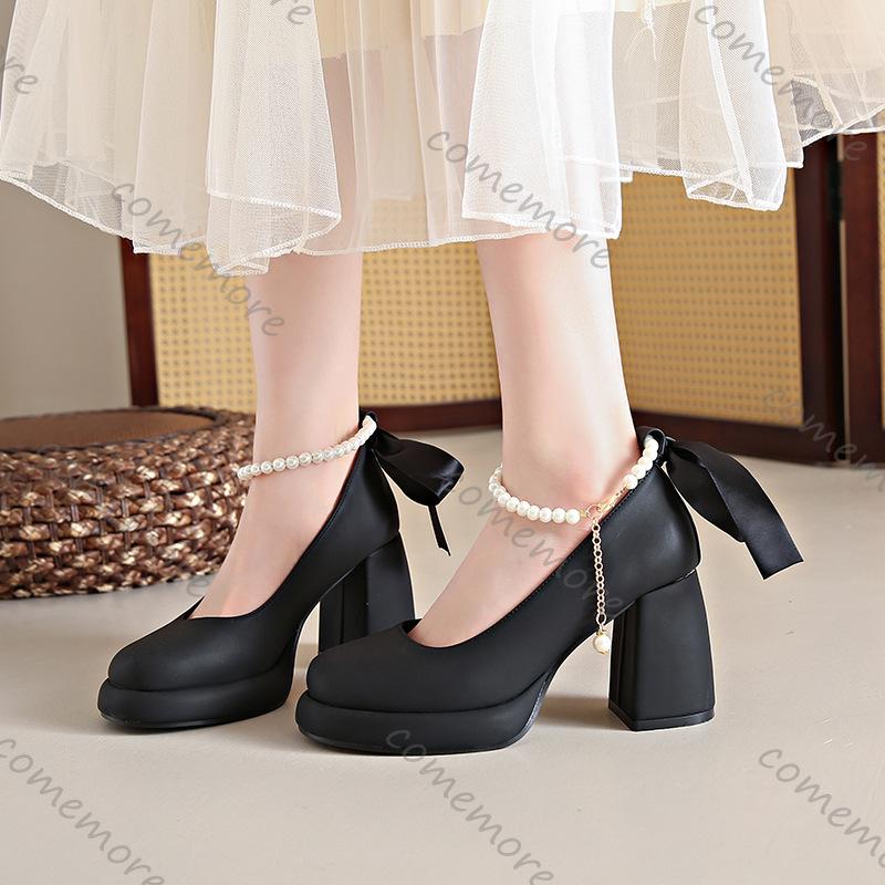 Comemore High Heels Women Mary Jane Shoes Spring Autumn Ladies Elegant Party Female Pumps Ankle Pearl Buckle Dress Women's Shoes