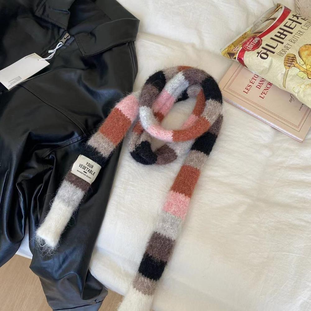 Knitted Wool Sausage Thin Scarf With Warm Color Splicing Contrast Rainbow Color Scarf Winter