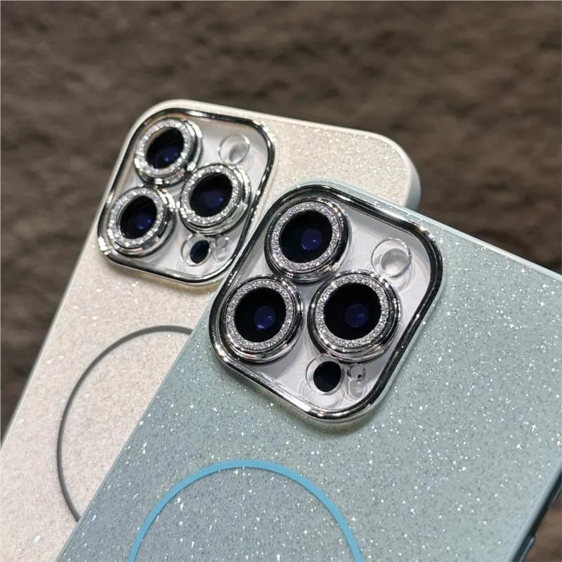 Glitter Glass Camera Protector Phone Case for iPhone 15 14 16 Plus 11 12 13 16 Pro Max Shining Magnetic Shockproof Cover