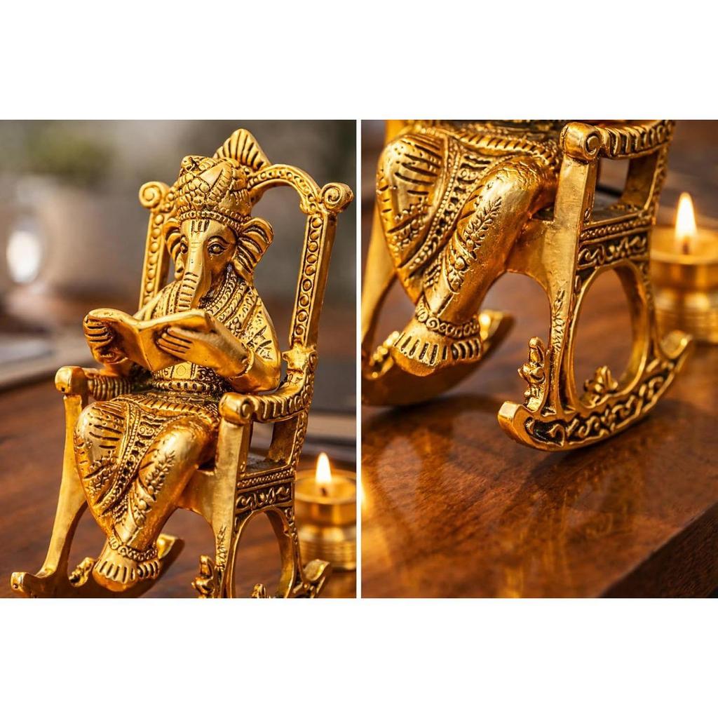 Metal Lord Ganesh Reading Ramayana Statue Ganpati Sitting on Chair with Kuber Diya Idol for Home Office and Gifts Decor Corporate