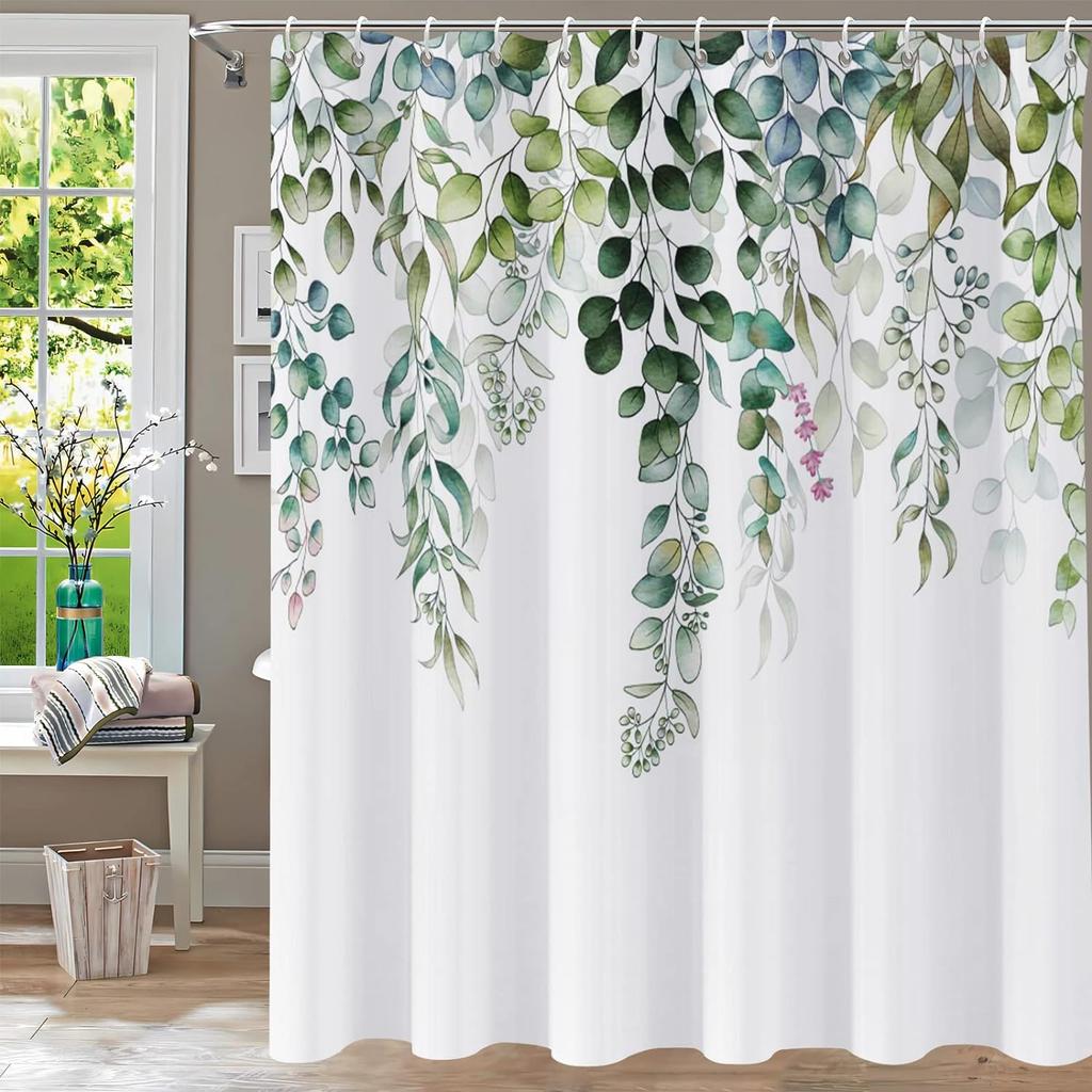 Tropical Green Leaves Plant On White Background Odorless Shower Curtains for Bathroom Showers and Bathtubs Decor with Hooks