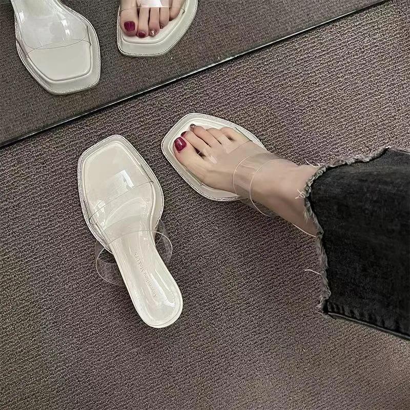 Модные прозрачные женские тапочки с открытым носком, сандалии, раздвижные, прозрачные, наружные, летние туфли на каблуке для женщин 2024 года, новая мода
