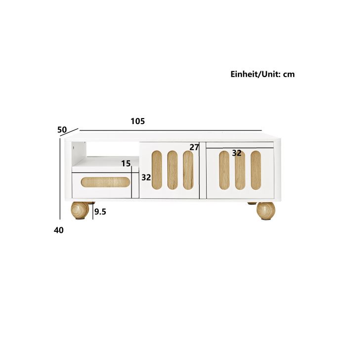 Table basse moderne - MUVOE - 105x50x40 cm - Blanc et aspect bois - 4 portes - 2 tiroirs