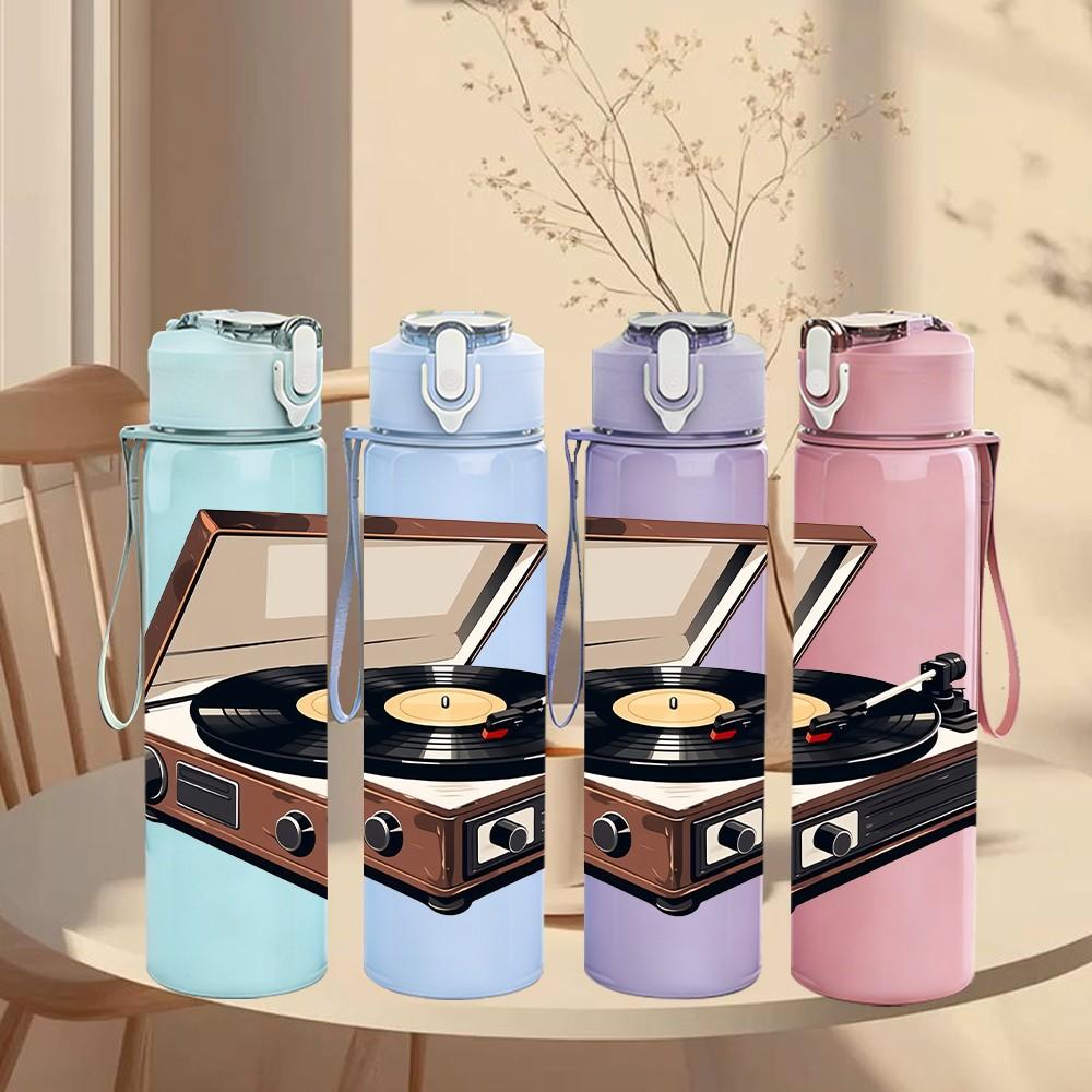 1PC Vintage Vinyl Record Turntable Print 750ml Color Plastic Sports Water Bottle Leakproof Flip Straw Lid Suitable for Sports Office Home Use