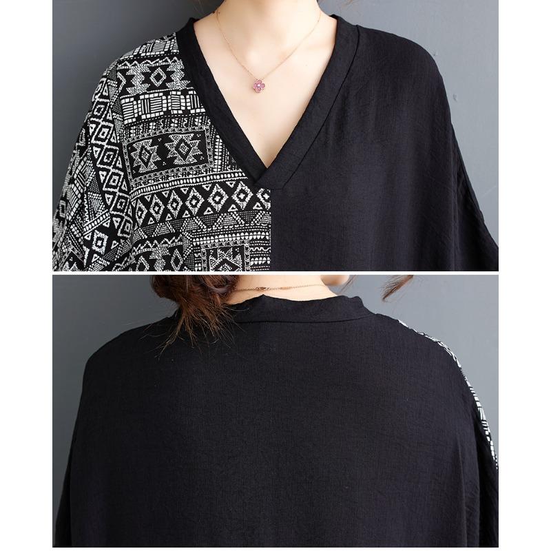 Plus Size Dress New Summer Holiday Basic Women V-Neck Loose Short Sleeve Vintage Long Spliced Dress