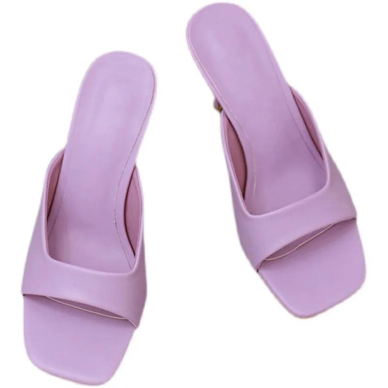 2024 Женские летние туфли на высоком каблуке 8,5 см, синие фиолетовые шлепанцы, босоножки-мюли, женские тапочки, дизайнерские туфли с открытым носком на тонком каблуке, фетиш-обувь для выпускного вечера