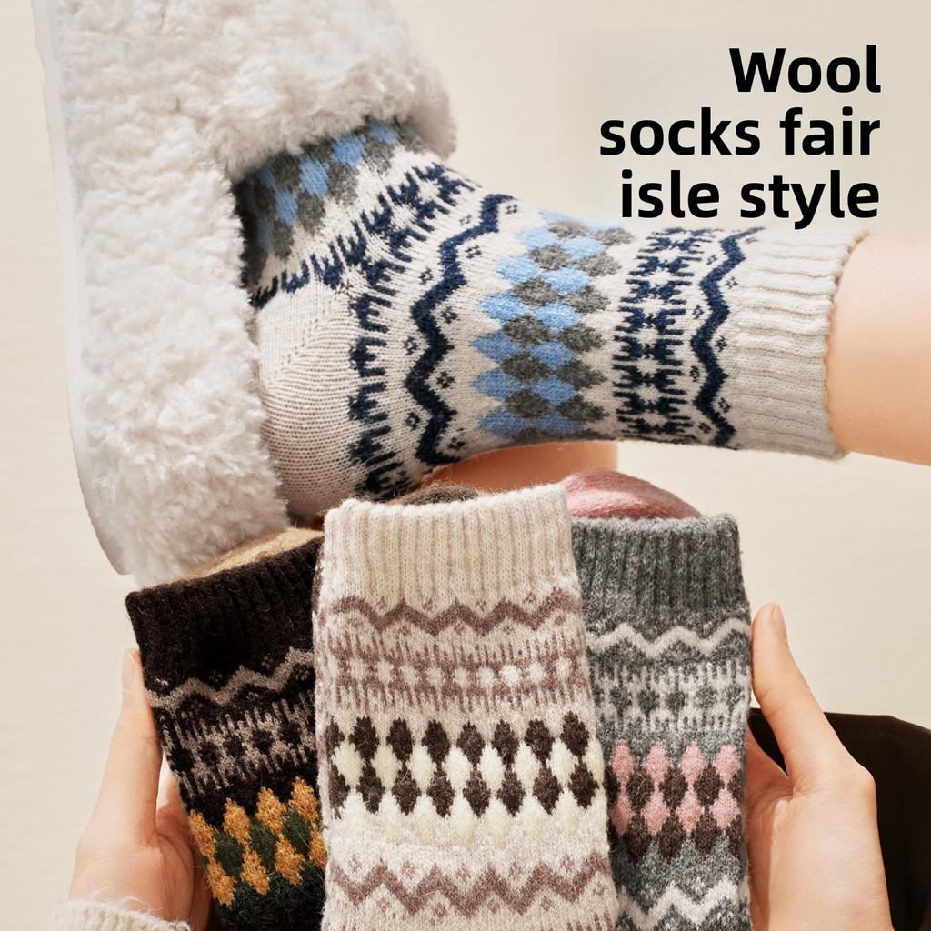 Шерстяные носки - Детские винтажные носки в этническом стиле Fair Isle, средней длины, для зимы, толстые и теплые носки с начесом