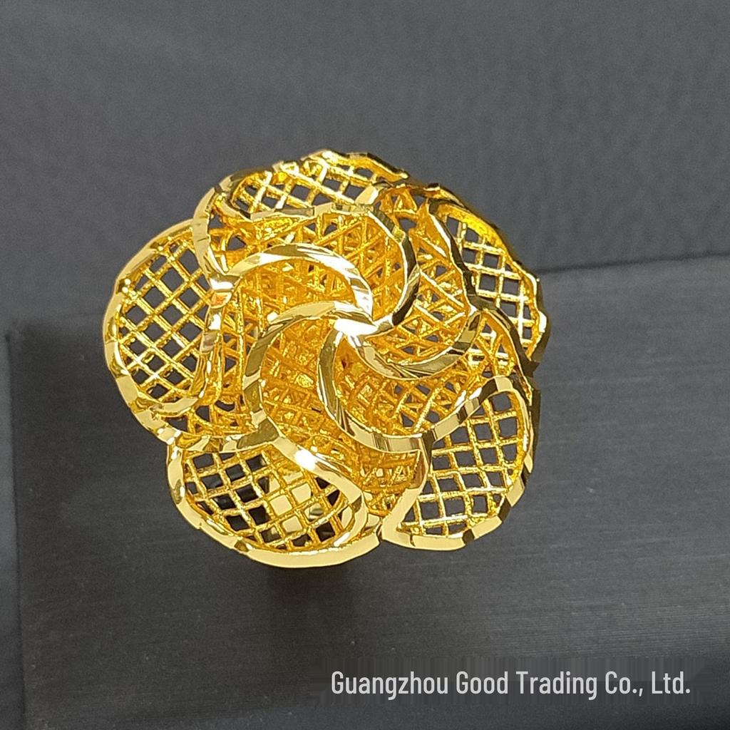 Вьетнамское кольцо из меди с 24-каратным золотым покрытием в виде цветка - Не тускнеющее, Регулируемый размер для невест