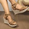 Straw Open-toed Wedge Sandals Women's Summer New Style Denim One-word Buckle High Heels