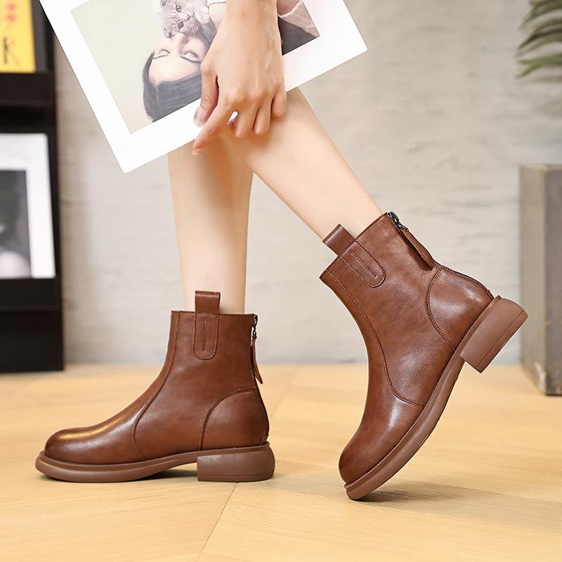 Autumn and Winter British Style Short Boots for Women Leather Retro Distressed Martin Boots Thick Sole Slim Chelsea Boots