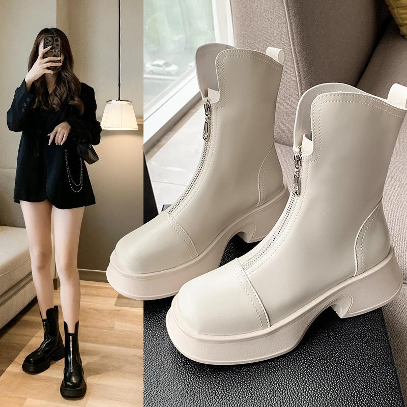 Модные брендовые женские универсальные модные короткие ботинки Matsutake с толстой подошвой и рукавами средней длины на молнии спереди 2024 года