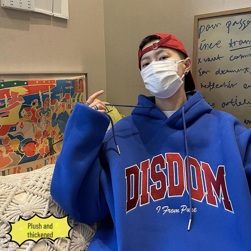 Мужская серая толстовка с капюшоном: Модный американский бренд, принт с буквами, плюс бархат, утолщенный, свободный крой для осени и зимы