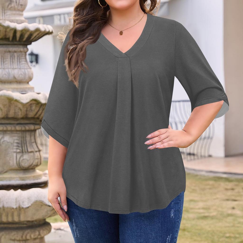 Женская мода Большой размер Однотонный топ с V-образным вырезом и рукавом три четверти