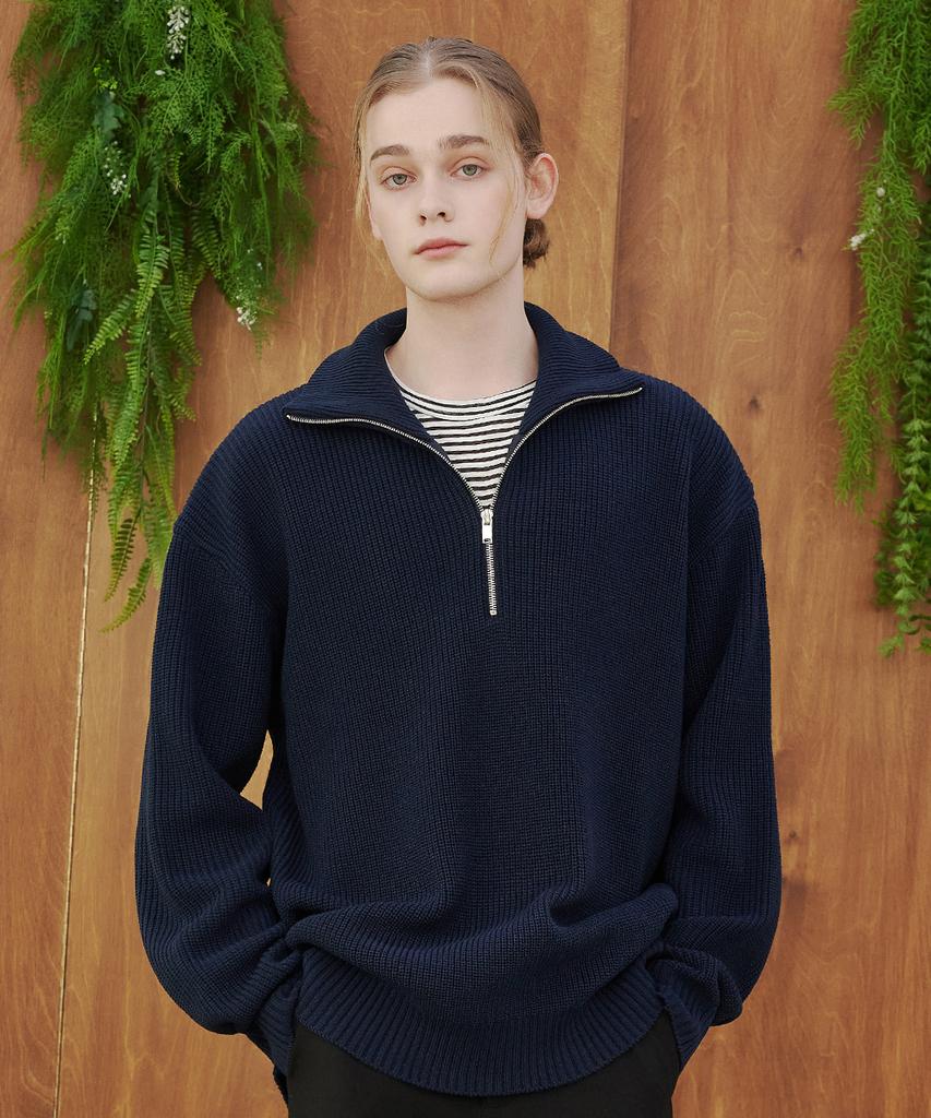 BLOND9 Half Zip Rib Knit Top_Navy