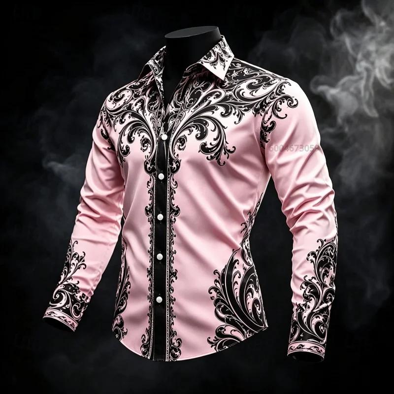 Men's Shirt with Contrasting Baroque Pattern Long-Sleeved Shirt, Slim Fit Lapel Shirt, Casual and Comfortable Men's Clothing