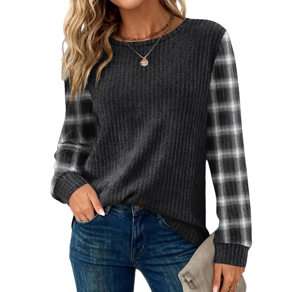 Женский повседневный топ свободного кроя с круглым вырезом и длинными рукавами в клетку