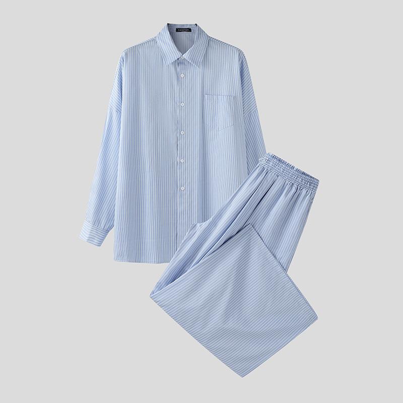 INCERUN Мужские комплекты из двух предметов: рубашка с лацканами, длинными рукавами и полосатым принтом, длинные широкие брюки