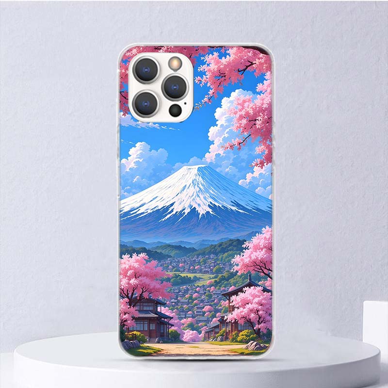 Японская вишня Гора Фудзи Мягкий чехол для iPhone 16 17 Air 16E 15 Plus 11 12 13 Mini 14 Pro Max Чехол для телефона Apple 7 8 SE Coque Fu