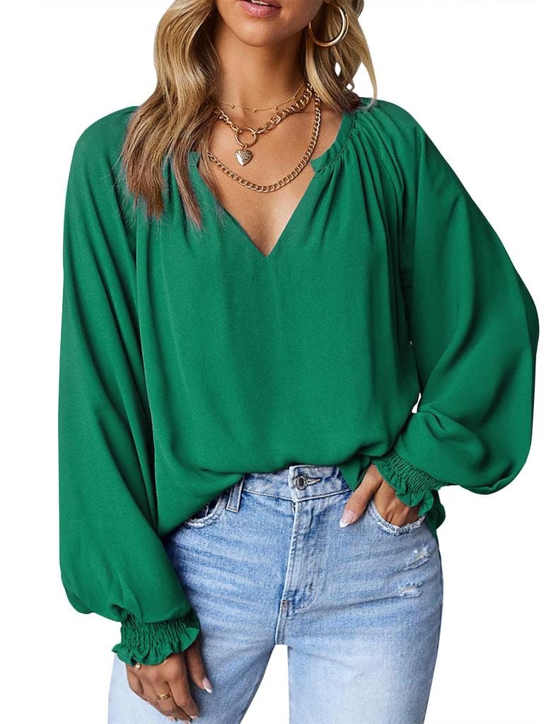 Осенние плиссированные блузки с v-образным вырезом, модные повседневные свободные женские рубашки с длинным рукавом, простые шифоновые рубашки и топы, женская однотонная одежда 28612