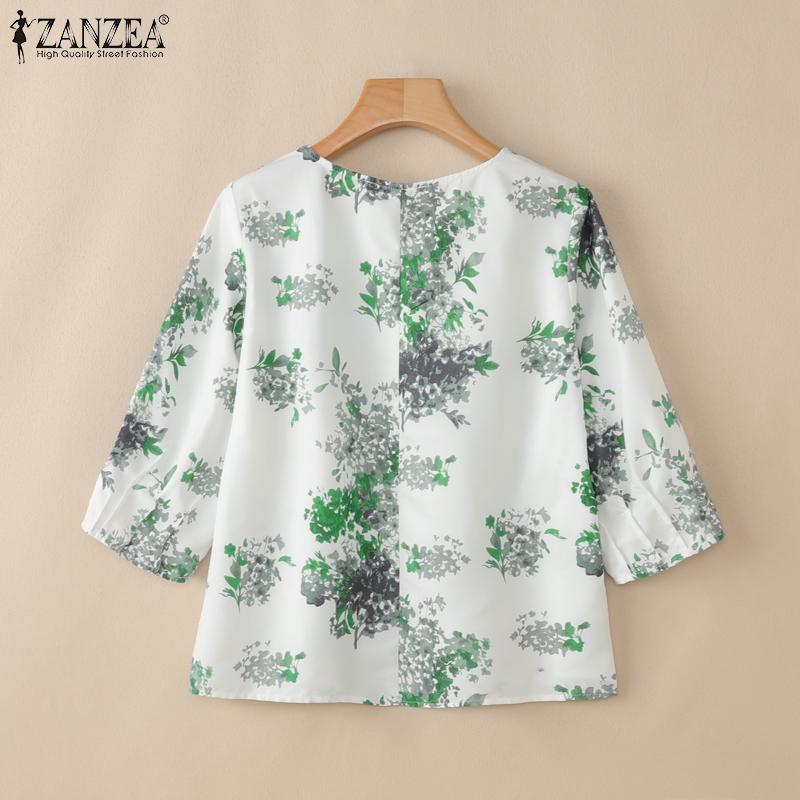 ZANZEA Women Casual Round Neck Summer 3/4 Sleeve Loose Print Blouse
