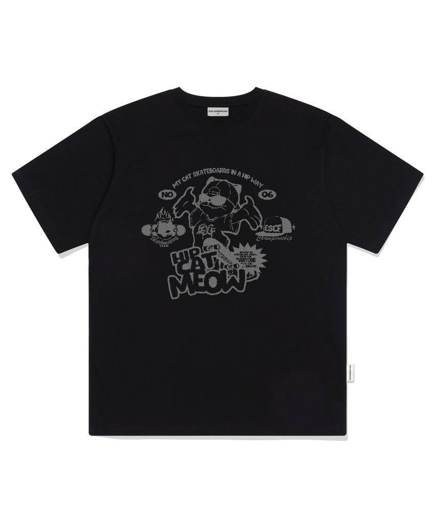 ESCAPEFROM Hip Cat Meow Print Oversized Short Sleeve T-Shirt Black