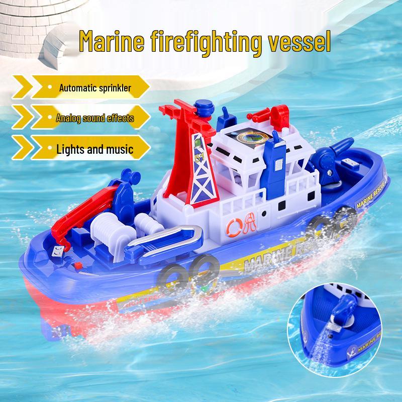 Electric Firefighting Ship Toy: Blue Model with Lights & Music for Kids' Bath Play