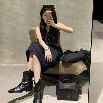 Укороченная версия ~ Короткие сапоги из мягкой кожи на низком каблуке с острым V-образным вырезом, осенне-зимние, тонкие, мятые, женские сапоги в стиле вестерн на толстом каблуке в стиле ретро