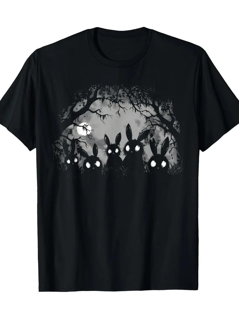 Womens Dark Gothic Style Cute Rabbit Horror Tshirt with Eerie Forest Print Adorned with Full Moon and Bat Motifs Unisex Clothing