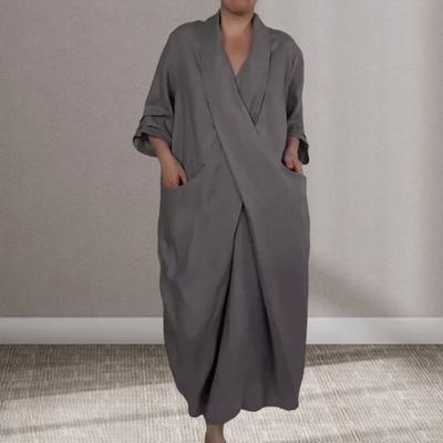 Весна Осень Макси Платье Халат Мешковатый Крест V-образный вырез Однотонный Большой карман Ретро А-силуэт Бохо