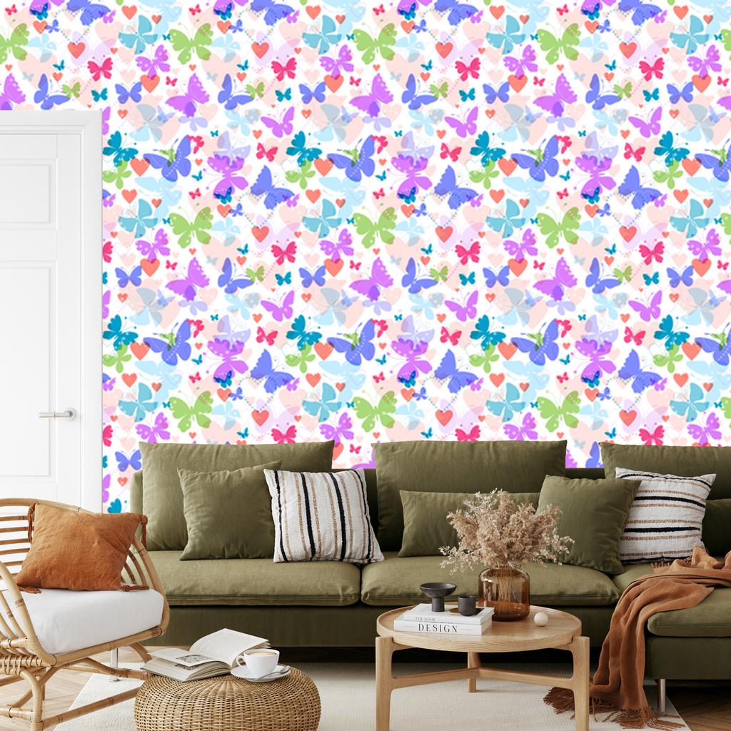 Colorful butterflies and hearts wallpaper for living room and bedroom 50x1000