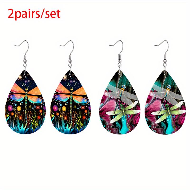 Starry Sky Flower Dragonfly Artificial Leather Earrings Spring Earrings Double-sided Printing Lightweight Earrings Teardrop Earrings
