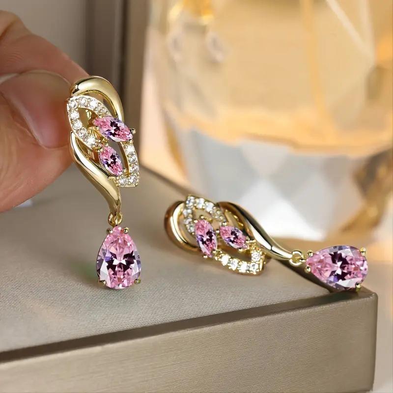 Huitan Trendy Pink Cubic Zircon Dangle Earrings for Women Gold Color Luxury Wedding Accessories Temperament Elegant Lady JewelryGood product