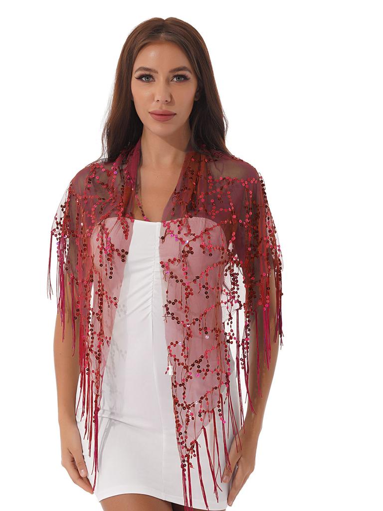 Женская прозрачная сетчатая шаль с блестками и кисточками, вечерние накидки, шарф с бахромой, Outerwar