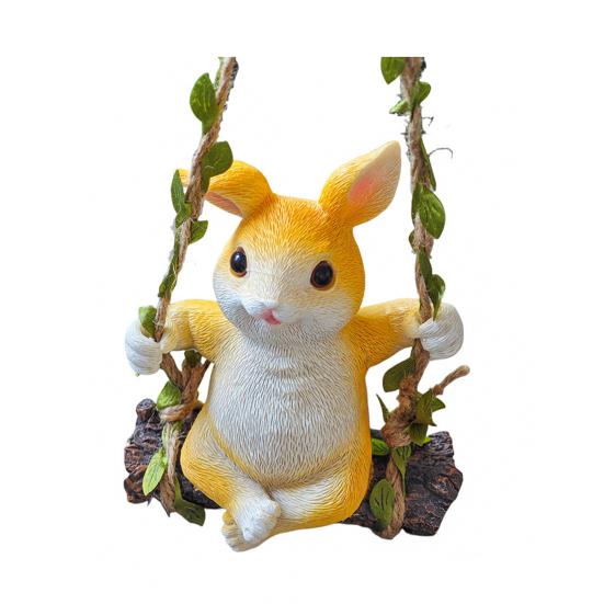 Hanging Swing Statue Resin Craft Rabbit Ornament with Imitation Rattan Rope Tree Stump Base Small Portable Home Garden Decoration