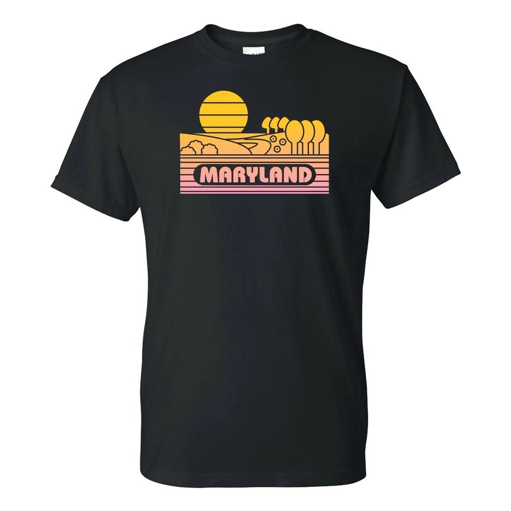 Maryland Groovy Sunset - Landscape Vacation Home State T Shirt - Black
