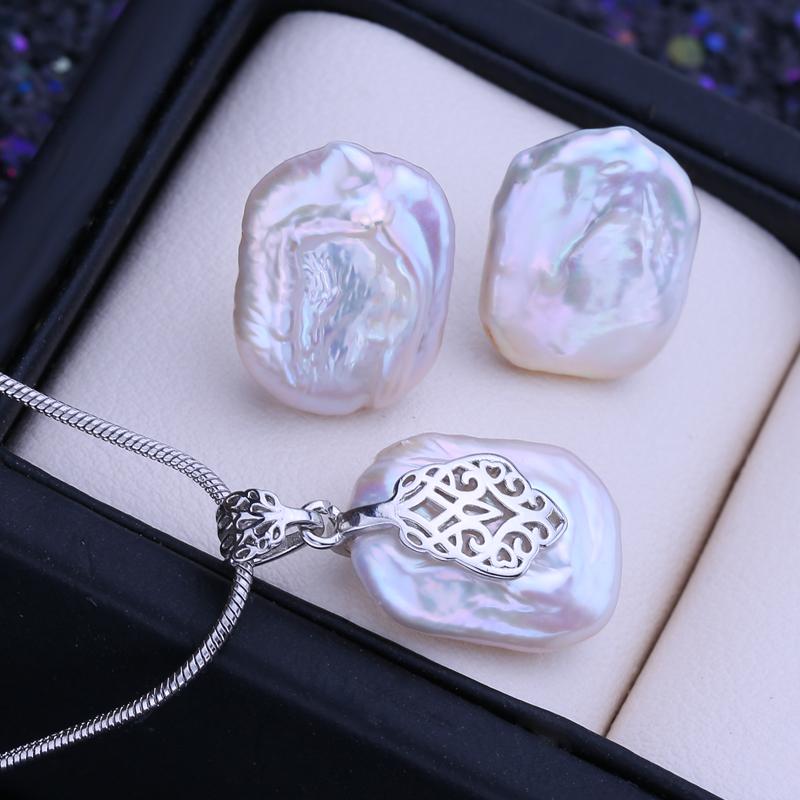 LSOOYH Natural Freshwater Big Baroque Pearl Necklace Square Pendant Fashion Stud Earrings For Women Pearl Jewelry Sets