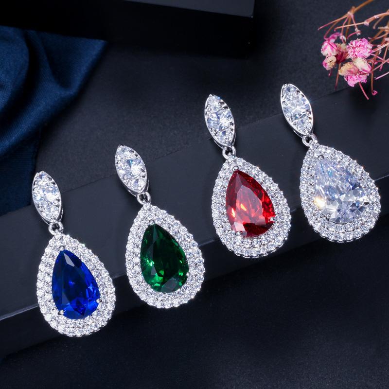 CMM 2PCS Engagement Water Drop Cubic Zirconia Pendant Necklace Set Earrings