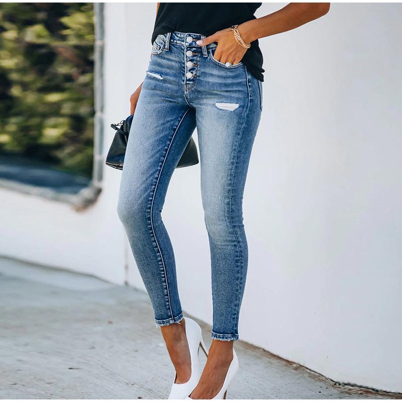 Женские облегающие джинсы с высокой талией, летние длинные джинсовые брюки с несколькими пуговицами и перфорацией, высокоэластичные офисные женские джинсы