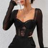 Street Fashion Lace Mesh Sexy Crop Tops Women Y2K Fish Bone Slim Fit Square Neck Blouse Elegant Long Sleeve Female Shirts 30588