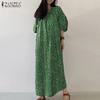 Women Floral Print Casual V-Neck 3/4 Sleeve Loose Long Dress