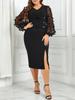 GIBSIE Plus Size Womens Black V Neck Mesh Sleeve Cocktail Party Pencil Dress Elegant Office Ladies Split Midi Bodycon Dresses