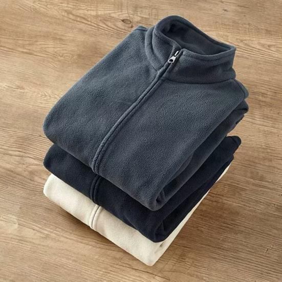 Men Outdoor Fleece Jacket Windbreaker Liner with Zip Thick Double-sided Long Sleeve Jacket Warm Solid Color Fall Winter Outwear for Sports Office