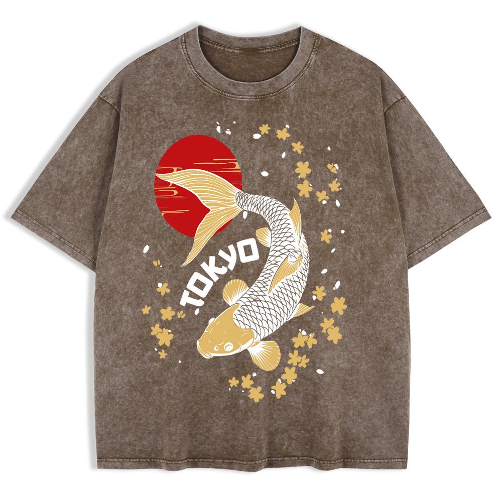 Japanese Koi Harajuku Printed Washed T-Shirts Mens Cotton Oversize T Shirt Casual O-Neck Short Sleeve Tops Summer Clothes