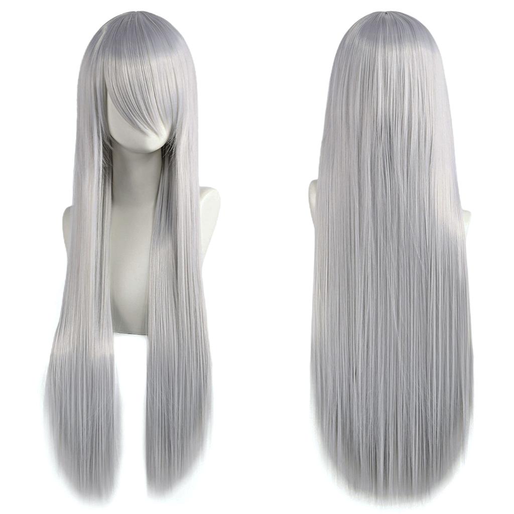 80cm Long Synthetic White Purple Cosplay Wigs Green Hair Straight Silver Wig Pink Hairpiece Lolita Wig with Bangs