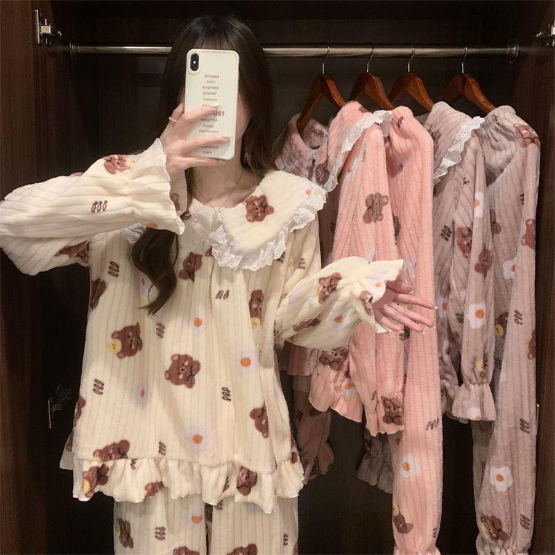 Женская пижама с принтом медведя, корейская милая принцесса, зимняя теплая свободная повседневная домашняя одежда, комплект из двух предметов с кукольным воротником и длинными рукавами