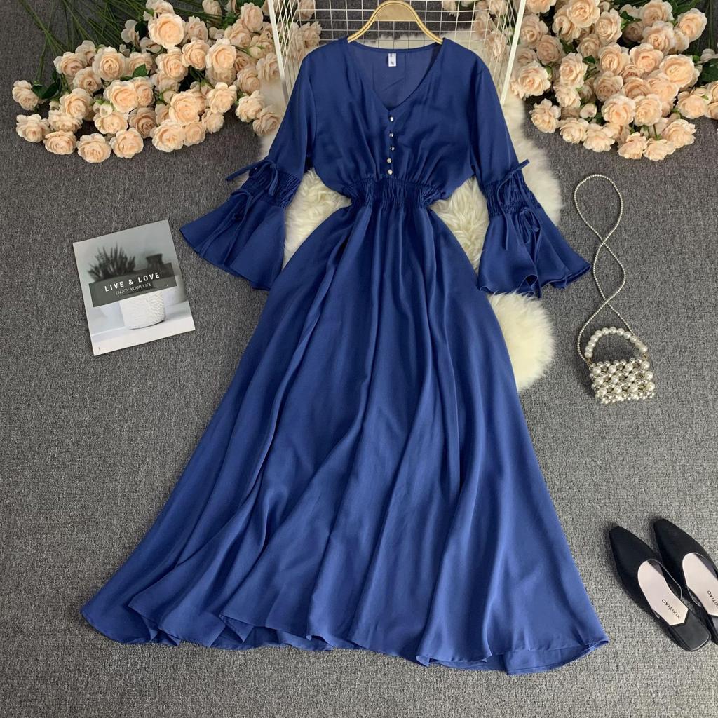 Длинное платье весна-осень для женщин, элегантное, с V-образным вырезом, расклешенными рукавами и высокой талией, праздничное, пляжное, макси-платье